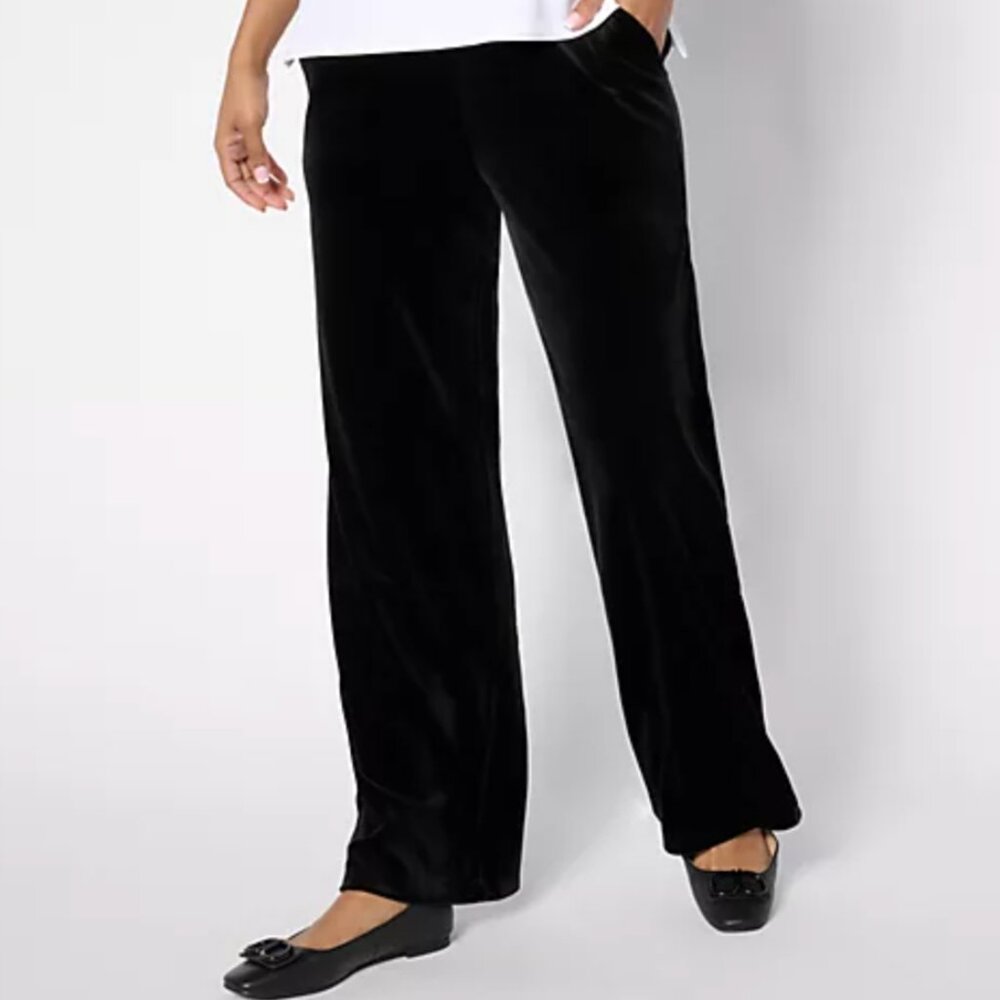 QVC Dialogue Black Velvet‎ Pants Pull On Wide Leg Size XL Stretch Dressy New